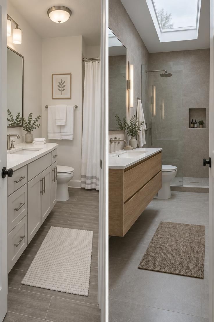 How to Decorate a Minimalist Bathroom Without Making It Feel Bare 9 Two bathrooms compared, one refreshed with paint and hardware and one renovated with large tile.