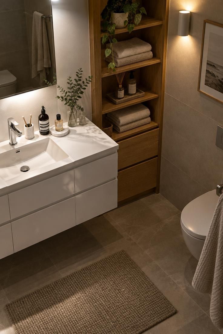 How to Decorate a Minimalist Bathroom Without Making It Feel Bare 10 Overhead view of a cluttered all-white bathroom corner beside a corrected corner with warm wood, closed storage, and layered lighting.