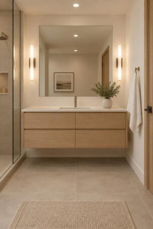 Calm minimalist bathroom with warm white walls, an oak vanity, a large mirror, one plant, and layered lighting.