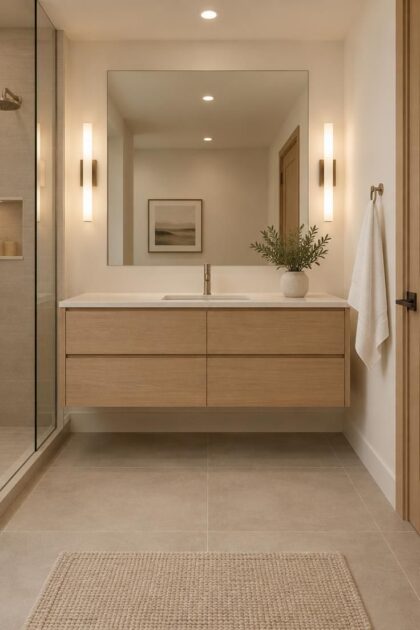 How to Decorate a Minimalist Bathroom Without Making It Feel Bare Calm minimalist bathroom with warm white walls, an oak vanity, a large mirror, one plant, and layered lighting.