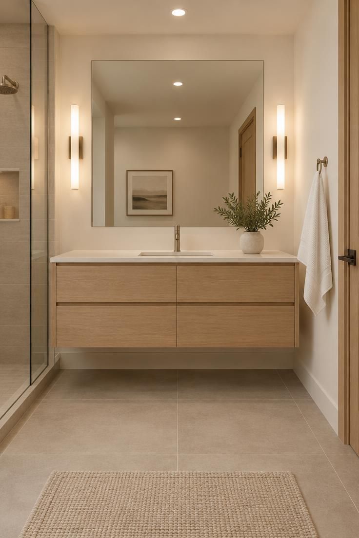 Simple Spaces 26 Calm minimalist bathroom with warm white walls, an oak vanity, a large mirror, one plant, and layered lighting.