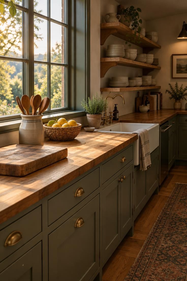How to Decorate Kitchen Counters While Keeping Them Useful 1 A long butcher-block kitchen counter with a wooden cutting board, a stoneware crock of utensils, and a woven basket of lemons in warm afternoon light.
