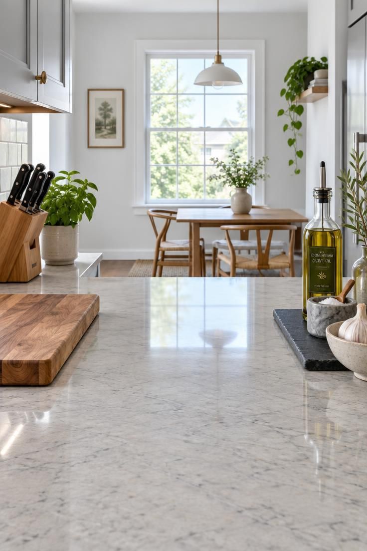 How to Decorate Kitchen Counters While Keeping Them Useful 2 An eye-level view of a bright kitchen counter with a cutting board, knife block, and a small tray of oil and salt, leaving open prep space in the middle.