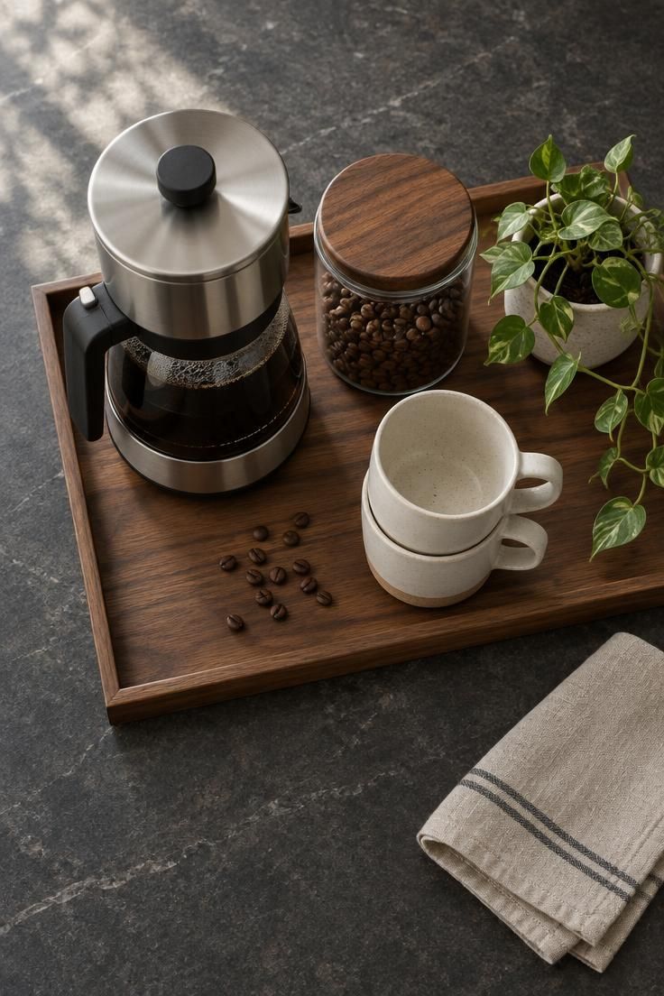 How to Decorate Kitchen Counters While Keeping Them Useful 3 An overhead view of a wooden tray on a dark counter holding a coffee maker, bean canister, two mugs, and a small plant.