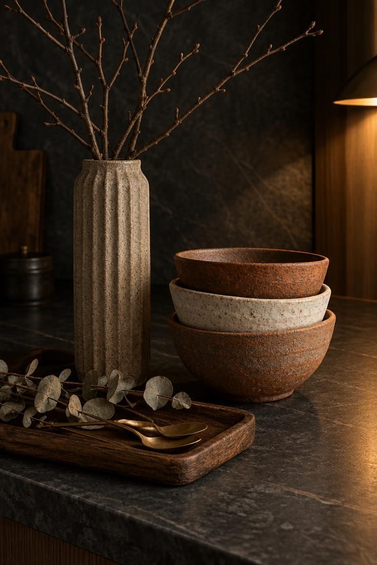 How to Decorate Kitchen Counters While Keeping Them Useful 4 A close-up of a dark counter with a tall vase of branches, stacked pottery bowls, and a wooden tray of spoons at varying heights.