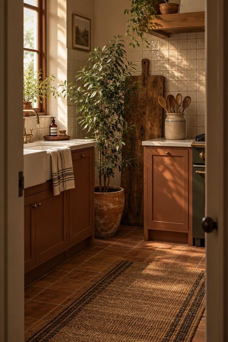 How to Decorate Kitchen Counters While Keeping Them Useful 5 A doorway view of a kitchen corner with a tall plant, a leaning cutting board, a stoneware crock, and a sink area with a folded towel.