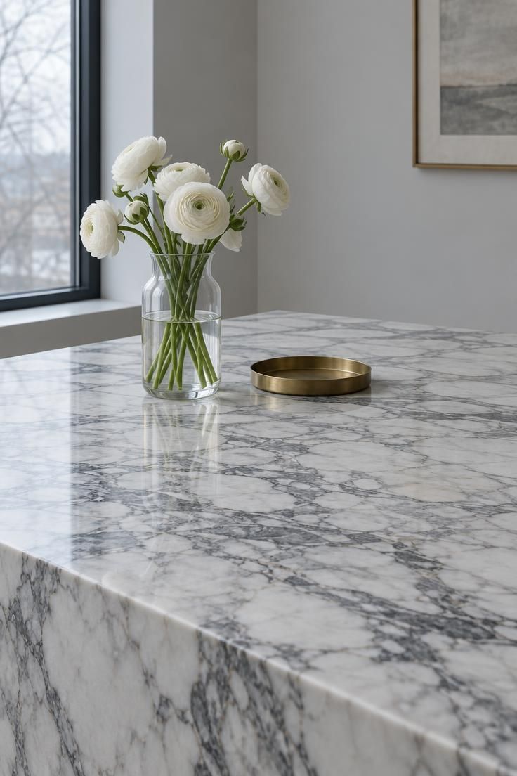 How to Decorate Kitchen Counters While Keeping Them Useful 6 An eye-level view of a heavily veined marble counter with only a clear vase of white flowers and a small brass tray.