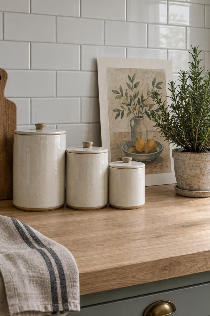 How to Decorate Kitchen Counters While Keeping Them Useful 7 A close-up of a small rental kitchen counter with cream canisters, a rosemary plant, and a leaning art print against white tile.