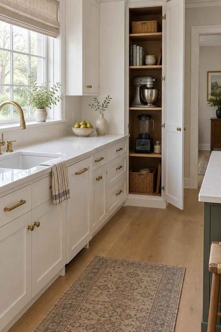 How to Decorate Kitchen Counters While Keeping Them Useful 8 A kitchen with a mostly clear pale counter, an open pantry cabinet holding a stored mixer and blender, and a bowl of pears.