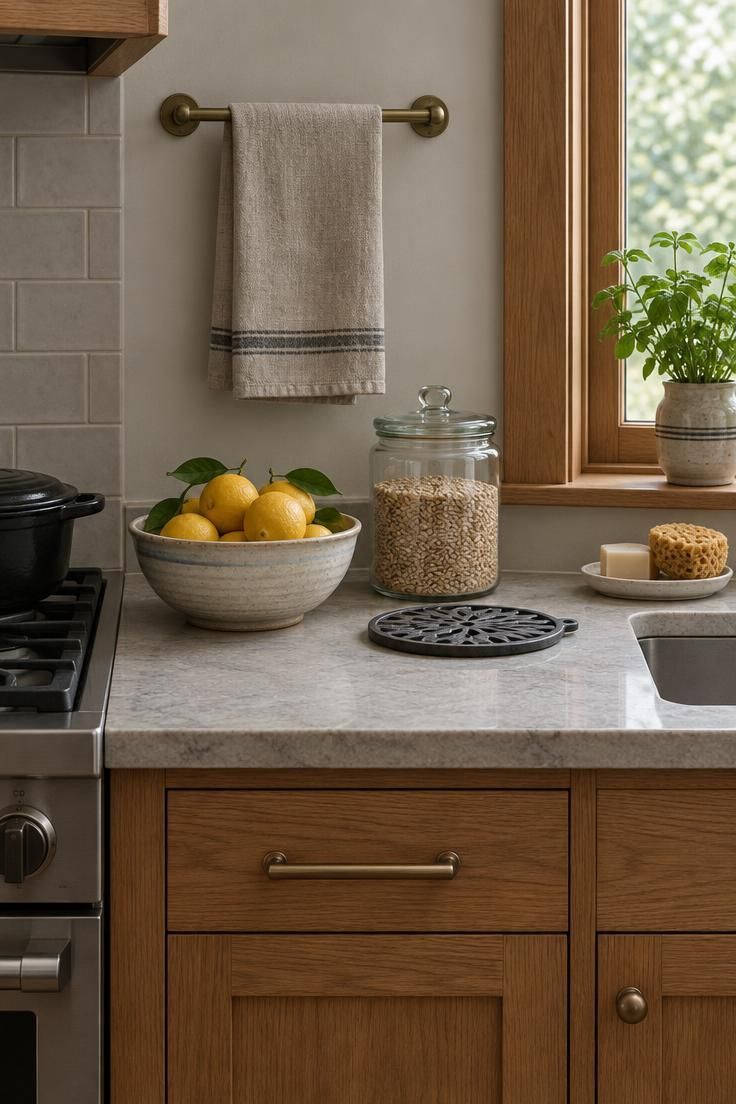 How to Decorate Kitchen Counters While Keeping Them Useful 9 A counter with a ceramic bowl of lemons, a lidded jar, a heat-resistant trivet, and a towel hung away from the stove.