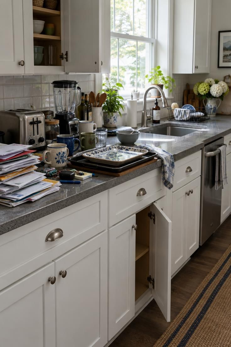 How to Decorate Kitchen Counters While Keeping Them Useful 10 A crowded kitchen counter with a toaster, blender, mail, and trays beside a contrasting clear stretch of counter.