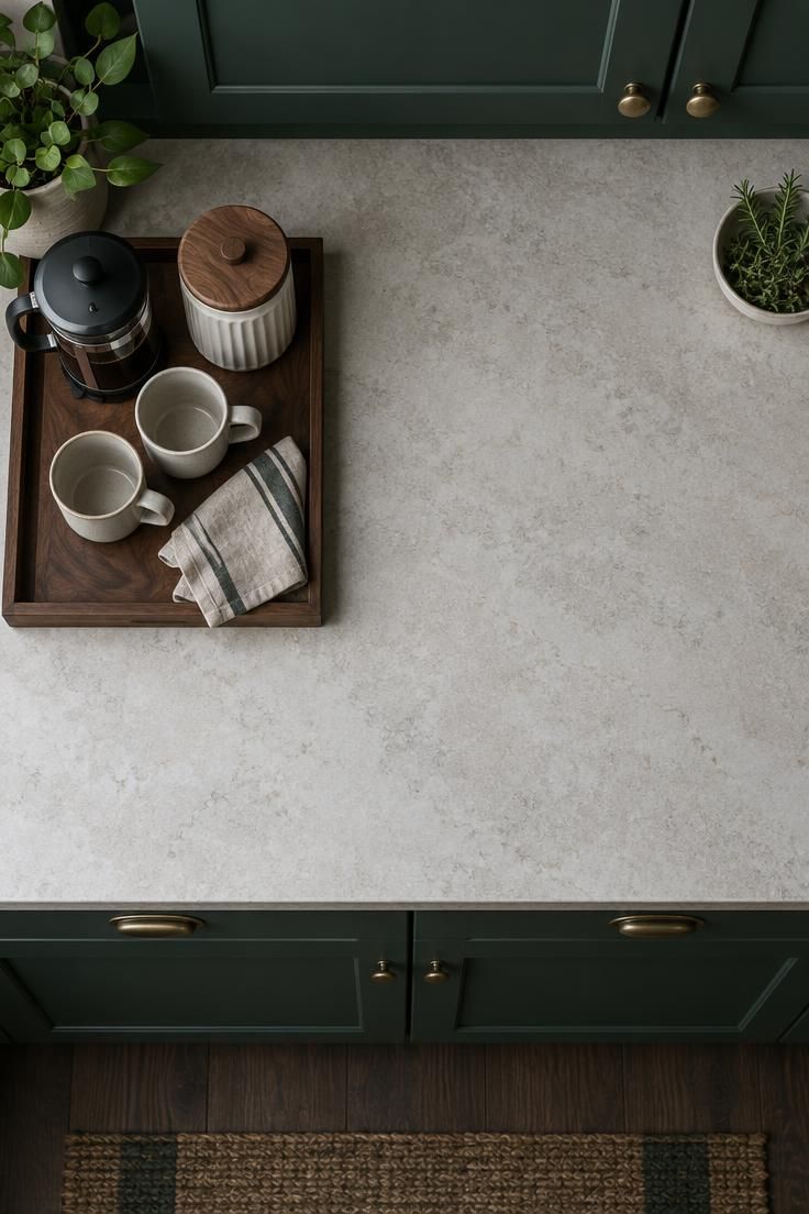 How to Decorate Kitchen Counters While Keeping Them Useful 11 An overhead view of a counter with a coffee zone on one side and a long empty stretch of prep space on the other.