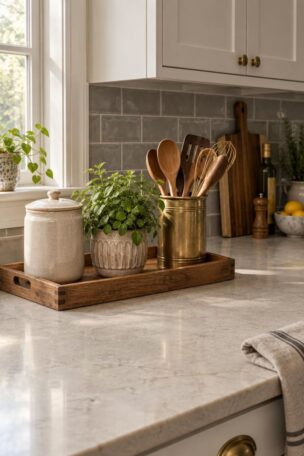 A kitchen counter with a wooden tray holding a ceramic canister, a small green plant, and a brass utensil crock, with clear open surface in front.