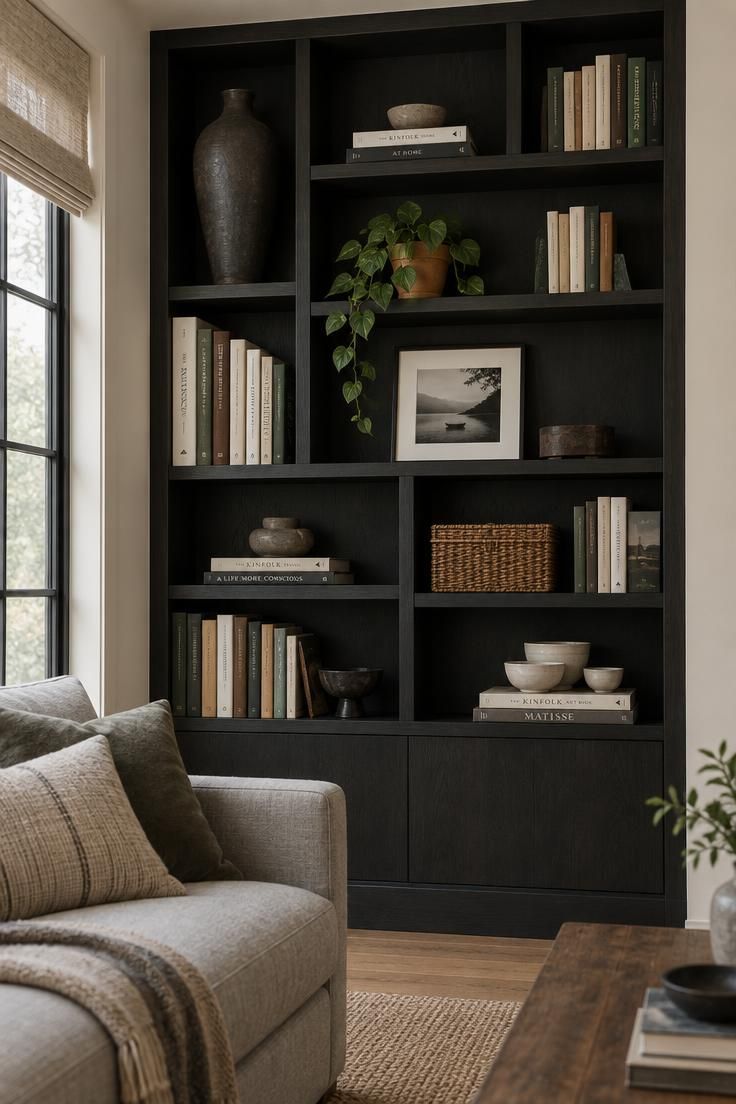 How to Decorate Shelves with Better Balance and Spacing 1 Wide view of a matte black built-in bookshelf styled with an asymmetric arrangement: a tall dark vase on the upper left balanced by pale ceramic bowls and art books on the lower right, with soft daylight, plants, and neutral living room furnishings.