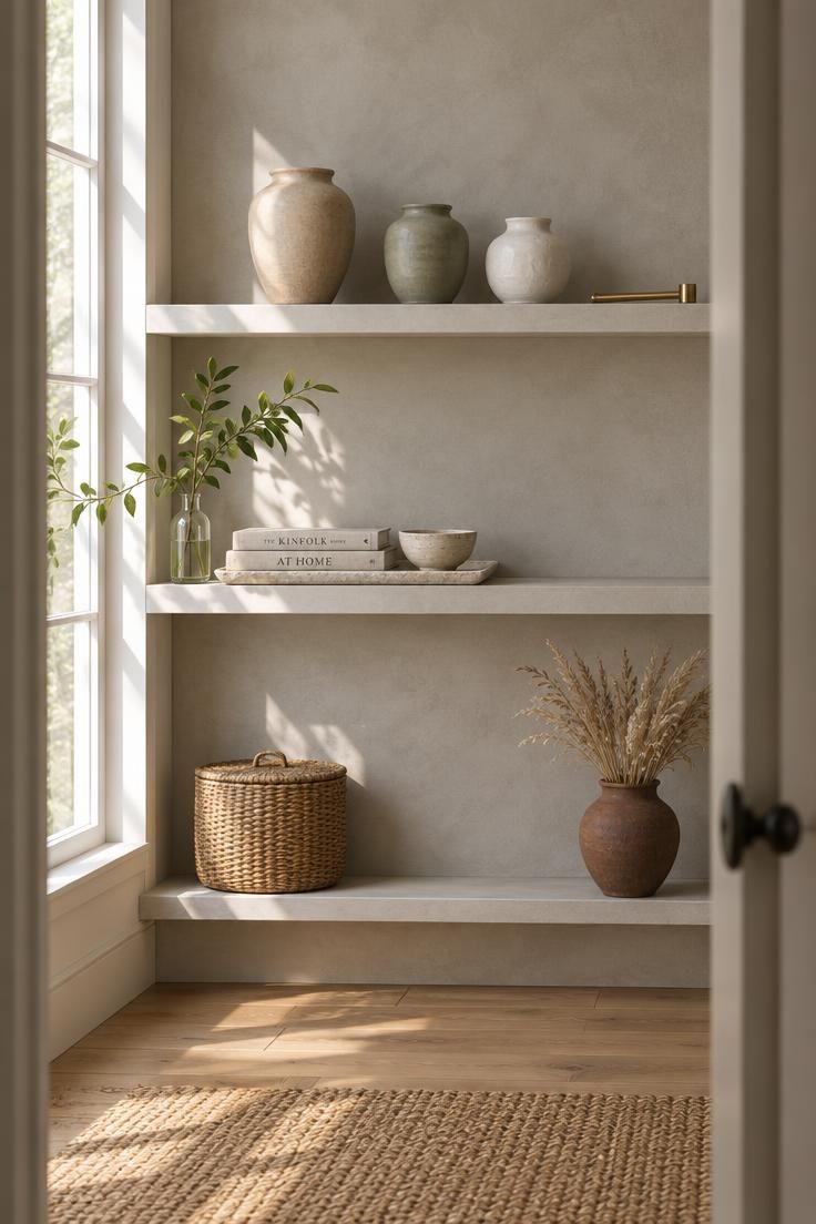 How to Decorate Shelves with Better Balance and Spacing 2 Styled open shelving unit with pale grey plaster back panel, deliberately spaced ceramic vessels, linen books on a tray, rattan basket, dried grasses, and visible negative space, photographed from a doorway with bright midday side light.