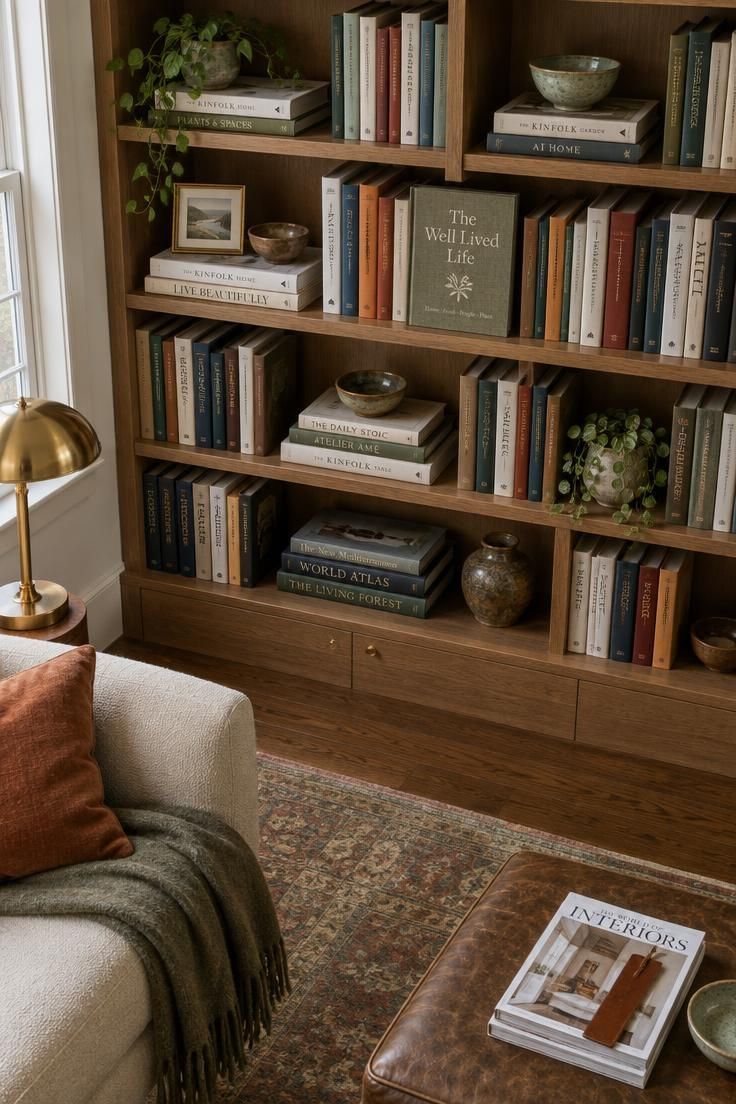 How to Decorate Shelves with Better Balance and Spacing 4 Overhead view of a living room bookshelf with books standing vertically by subject, horizontal stacks acting as display platforms, one outward-facing book, and a trailing plant balanced on a stack, all lit by soft overcast daylight.