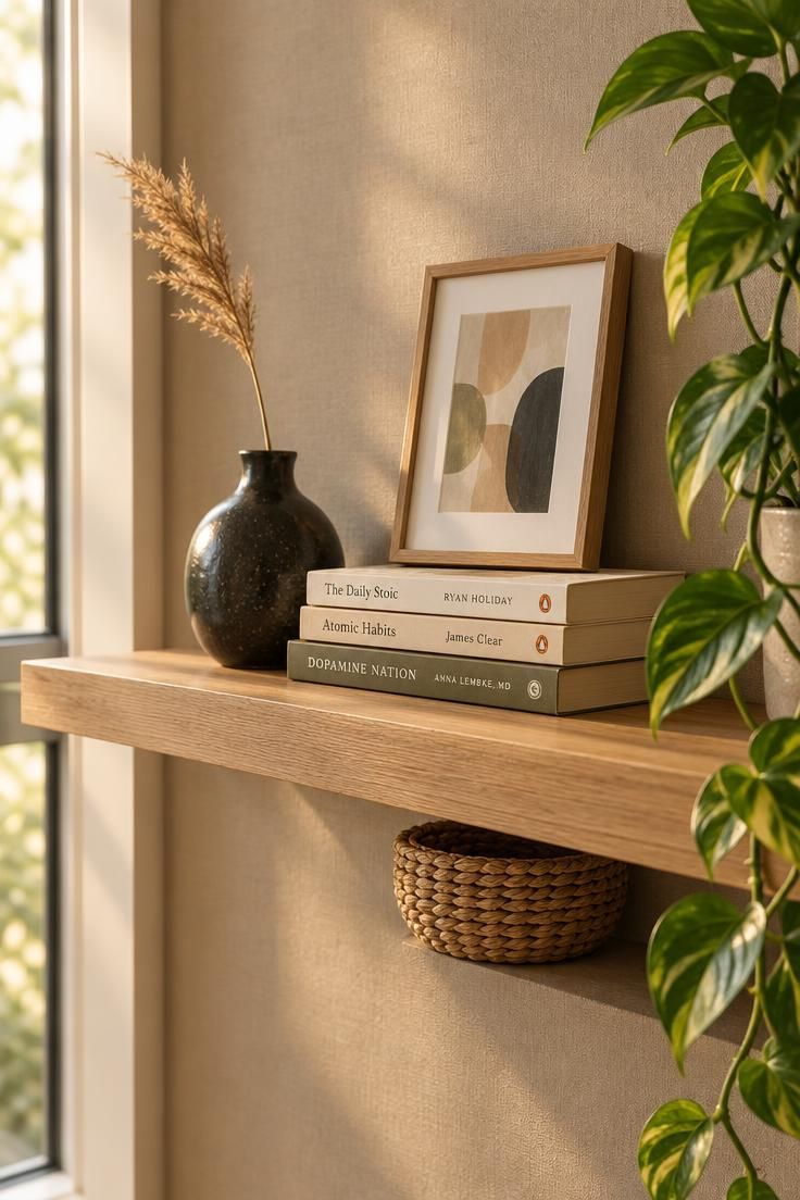 How to Decorate Shelves with Better Balance and Spacing 3 Close-up of a narrow white oak floating shelf styled for a living room, with a black vase holding dried grass, stacked books, a small framed print, and a woven basket in warm golden light.