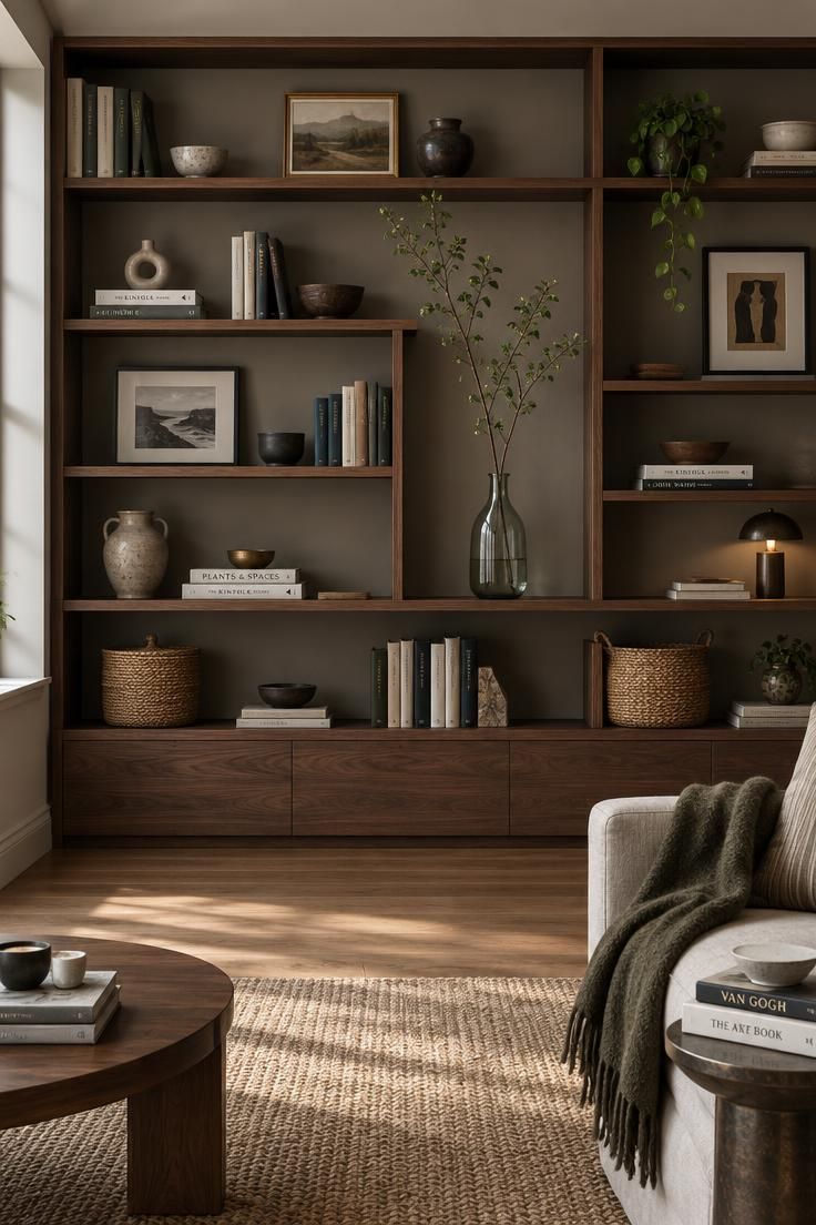 Simple Spaces 27 A wide wall of built-in living room shelves with books, ceramics, and framed art in loose clusters, empty shelf space visible between groupings, and a tall branch in a glass vase as the main vertical anchor.