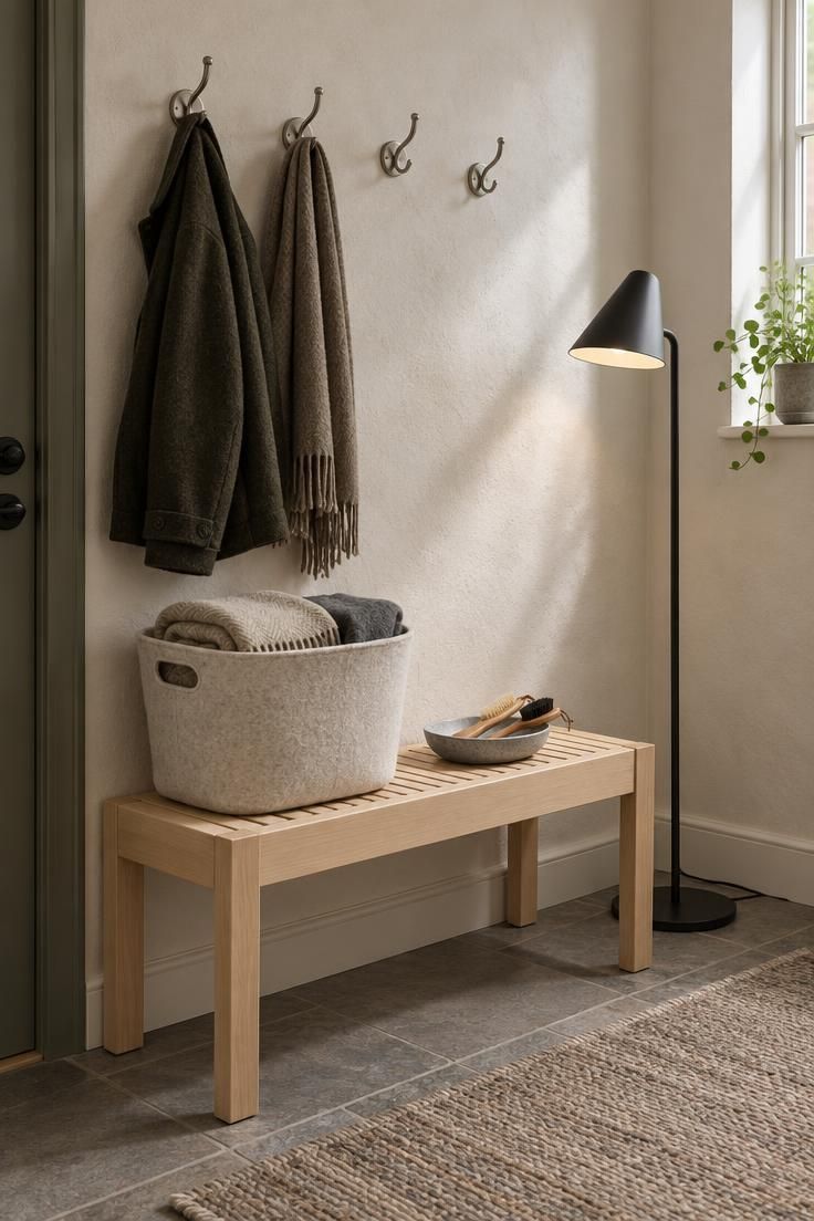 Entry hall with a pale birch bench, undyed felt basket, folded wool blankets, steel hooks, and a black floor lamp against warm white plaster.