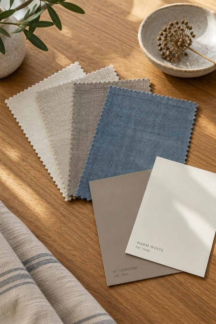 Paint swatches and linen fabric squares in cream, oatmeal, taupe, and muted blue on a wooden table.