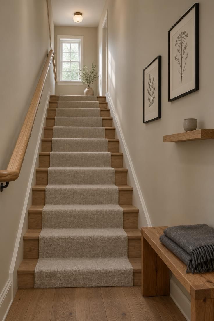 Stair hall with an oak handrail, two framed botanical drawings at different heights, a narrow oak shelf with a ceramic cup, and a cedar bench holding a folded gray blanket.