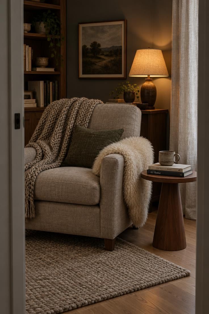 Reading corner with a linen armchair, chunky wool throw, sheepskin, and a walnut side table under low lamp light.