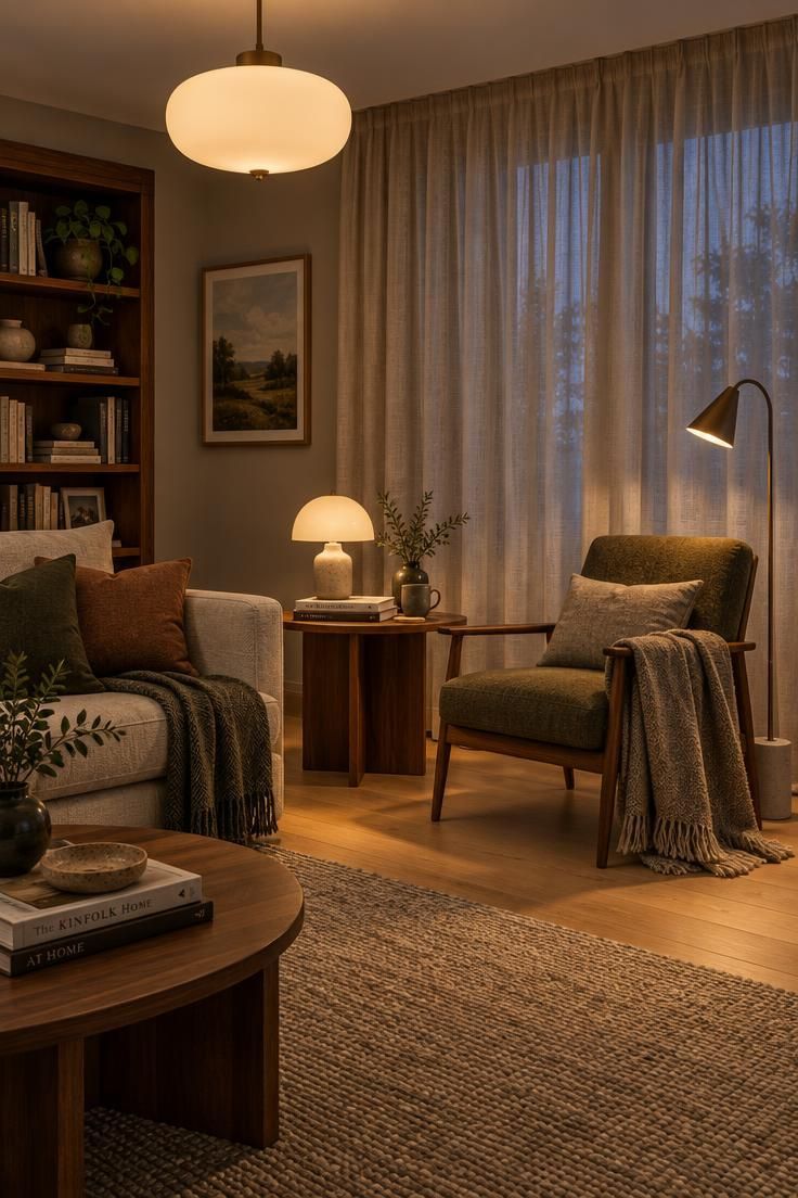 Living room at dusk with a ceiling lamp, ceramic table lamp, and floor lamp lighting a reading chair.