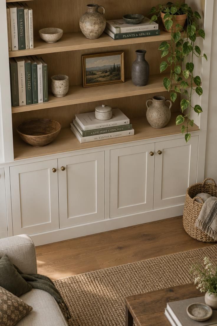 Built-in wall unit with closed white lower cabinets and oak shelves holding books, pottery, and a plant.