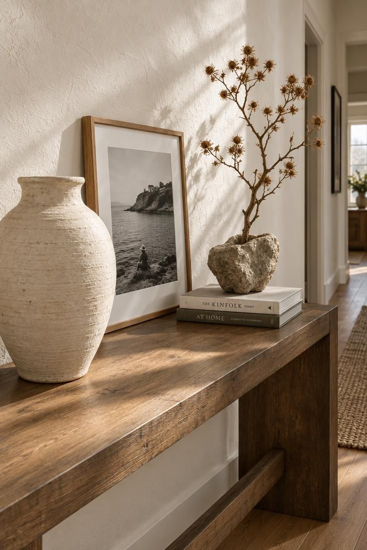 Console table with a large ceramic vase, one framed black-and-white artwork, and a dried branch in stone vessel.
