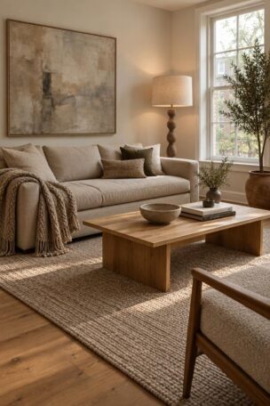 Serene living room with warm white walls, oak floor, beige sofa, wool throw, light wood coffee table, and sculptural floor lamp.