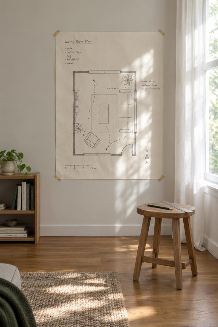 How to Design a Minimalist Living Room Around Seating and Circulation 1 A minimalist living room with a hand-drawn floor plan taped to a pale wall, showing a sofa, coffee table, and dotted walking paths, with bright midday light from a window falling across the paper.