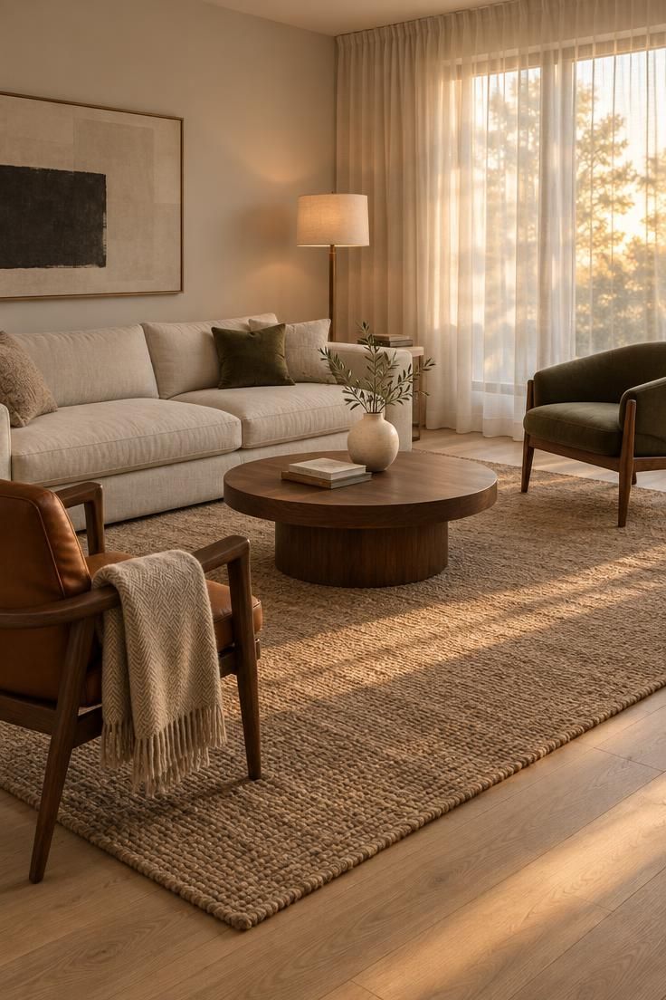 How to Design a Minimalist Living Room Around Seating and Circulation 2 A wide view of a minimalist living room with an ivory sofa, two accent chairs, and a round walnut coffee table connected by a large natural-fiber rug in warm golden window light.