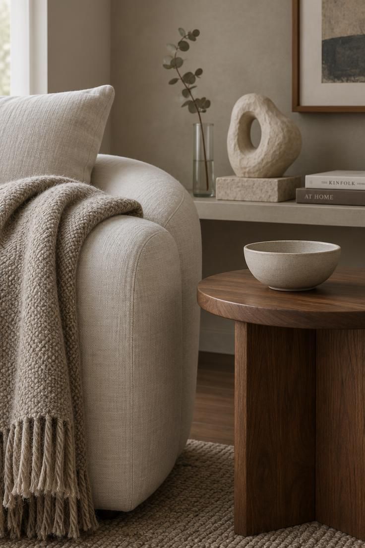 How to Design a Minimalist Living Room Around Seating and Circulation 3 A close-up showing material contrast in a minimalist living room corner with linen, wool, walnut wood, ceramic, stone, and glass surfaces layered together in soft diffused daylight.