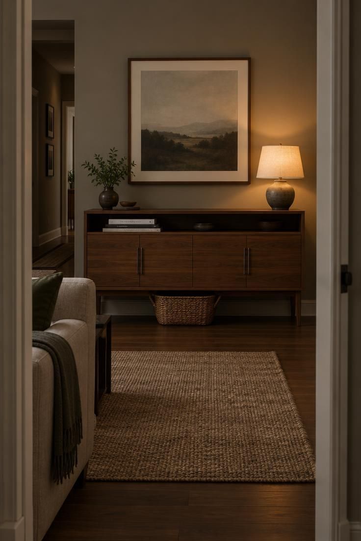 How to Design a Minimalist Living Room Around Seating and Circulation 4 A low walnut sideboard with closed doors, one open shelf of books, a woven basket underneath, and a large framed print above, lit by a warm lamp in low ambient light.