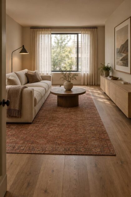 How to Design a Minimalist Living Room Around Seating and Circulation A private living room with an ivory linen sofa, round walnut coffee table, terracotta wool rug, sculptural floor lamp, pale oak console, and a clear walking path from doorway to window in soft daylight.