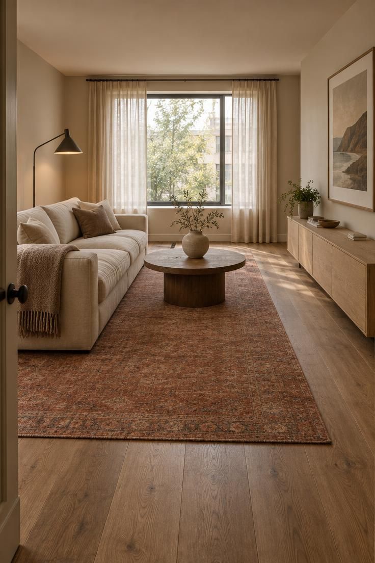 Simple Spaces 23 A private living room with an ivory linen sofa, round walnut coffee table, terracotta wool rug, sculptural floor lamp, pale oak console, and a clear walking path from doorway to window in soft daylight.
