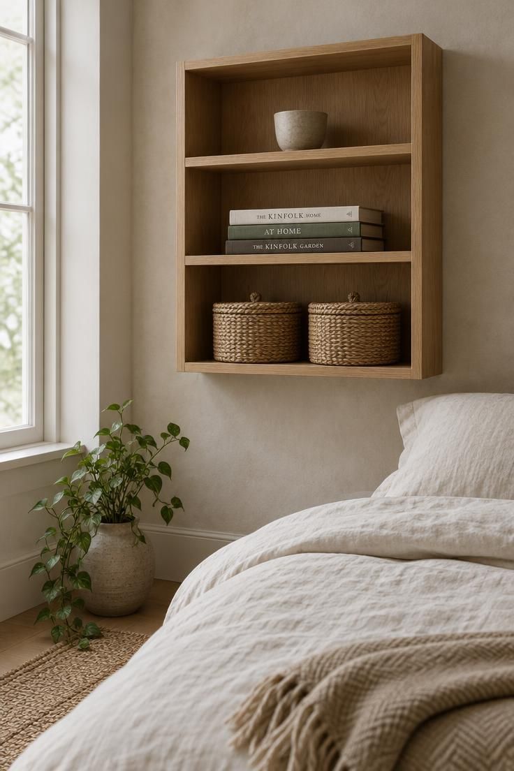 How to Have a Minimalist Bedroom Without Losing Comfort 1 A wall-mounted white oak shelf in a private bedroom holding two lidded woven baskets, three books, and a ceramic cup, with ivory linen bedding visible below.