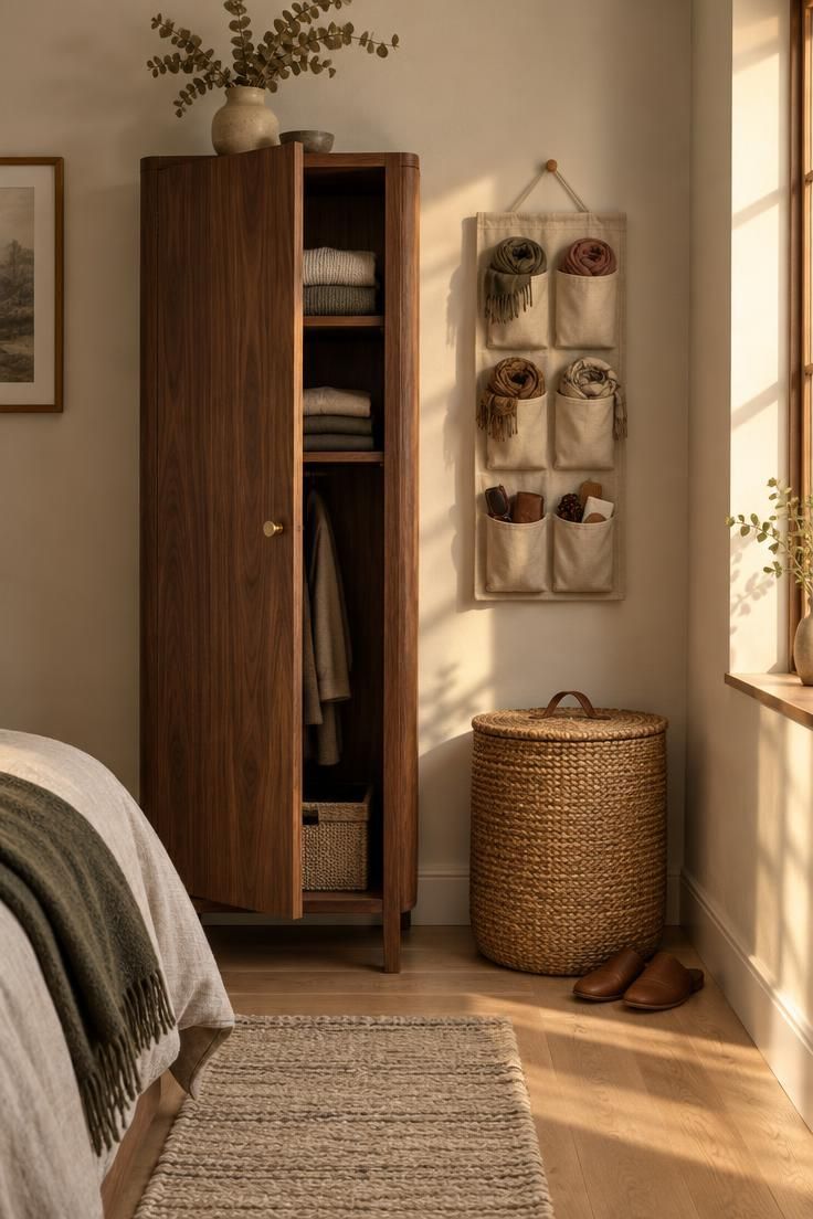 How to Have a Minimalist Bedroom Without Losing Comfort 2 A bedroom corner with hidden homes for three categories: a walnut wardrobe open to folded garments, a canvas pocket organizer for small accessories, and a lidded woven hamper for laundry in warm golden light.