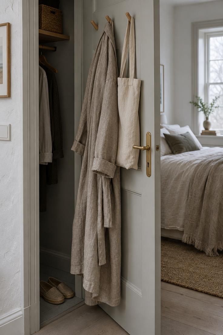 How to Have a Minimalist Bedroom Without Losing Comfort 3 A pale closet door ajar showing three wooden pegs holding a linen robe and canvas tote, with the bedroom bed softly blurred behind in cool daylight.