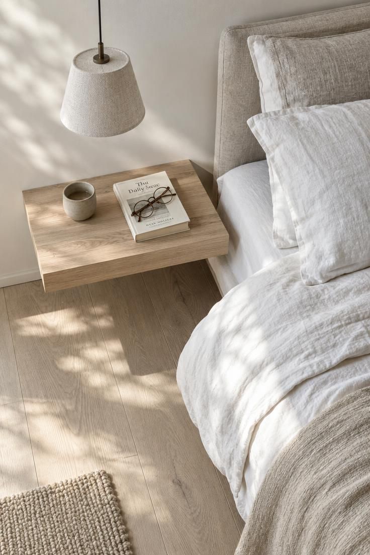 How to Have a Minimalist Bedroom Without Losing Comfort 4 An overhead view of a floating oak bedside ledge holding a ceramic cup and paperback, with a fabric pendant light above and layered white and oat bedding below.