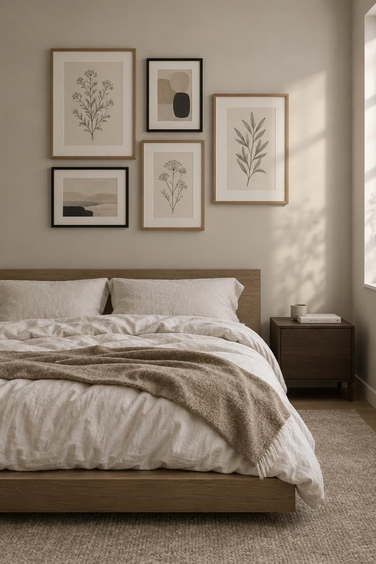 How to Have a Minimalist Bedroom Without Losing Comfort 5 A muted gallery wall with five black and oak frames above an ivory bed in a minimalist bedroom with warm oat textiles.