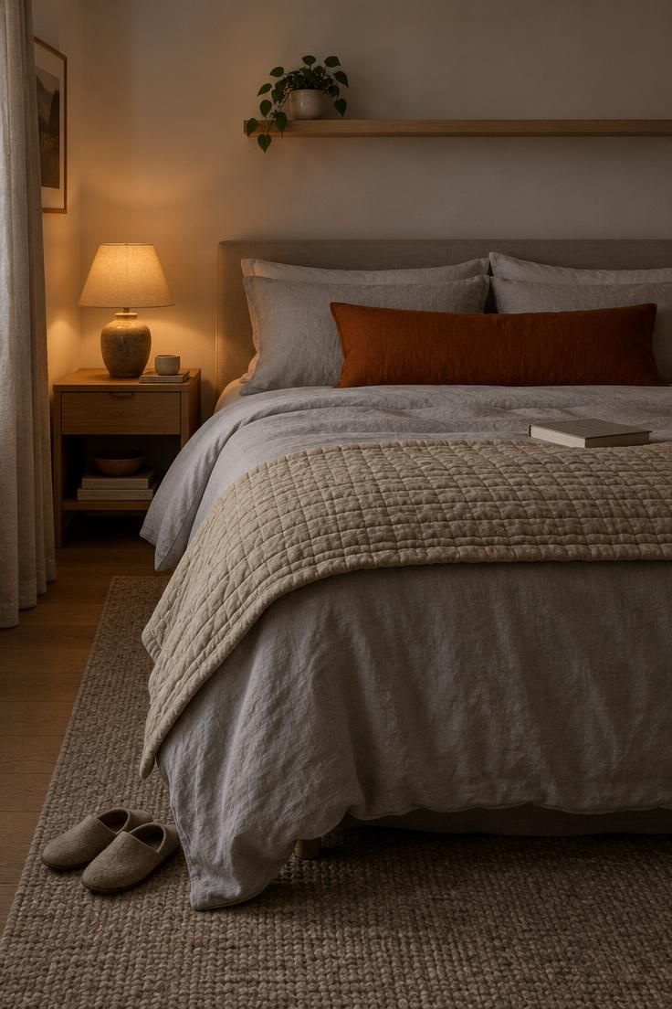 How to Have a Minimalist Bedroom Without Losing Comfort 6 A wide view of a made bed with a pale gray duvet, folded oatmeal quilt, and one long rust lumbar pillow, lit by a single warm lamp in a quiet bedroom.