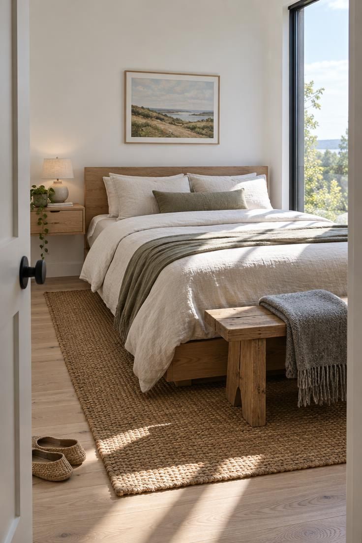 How to Have a Minimalist Bedroom Without Losing Comfort 7 A small bedroom seen from the doorway with a low oak bed, floating nightstand, raw wood bench, and jute rug, brightened by a tall window on the right.