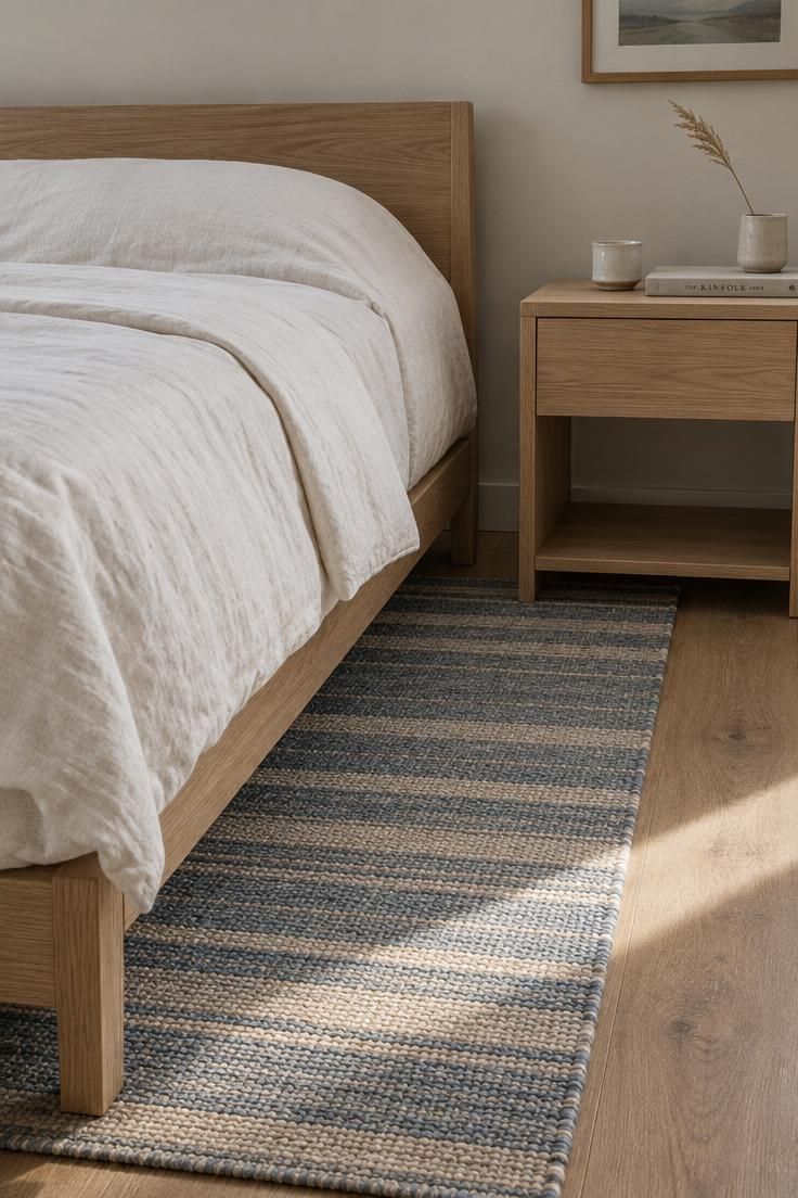 How to Have a Minimalist Bedroom Without Losing Comfort 8 A low view of a light oak bed with ivory linen bedding and a narrow striped bedside rug in slate blue and oat on a wood floor.
