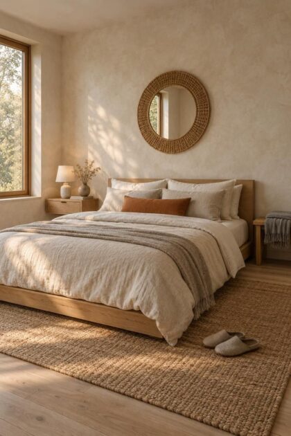 How to Have a Minimalist Bedroom Without Losing Comfort A wide minimalist bedroom with a low oak platform bed, ivory and oatmeal linen bedding, one rust lumbar pillow, a round rattan mirror, and warm afternoon light on a limewash wall.