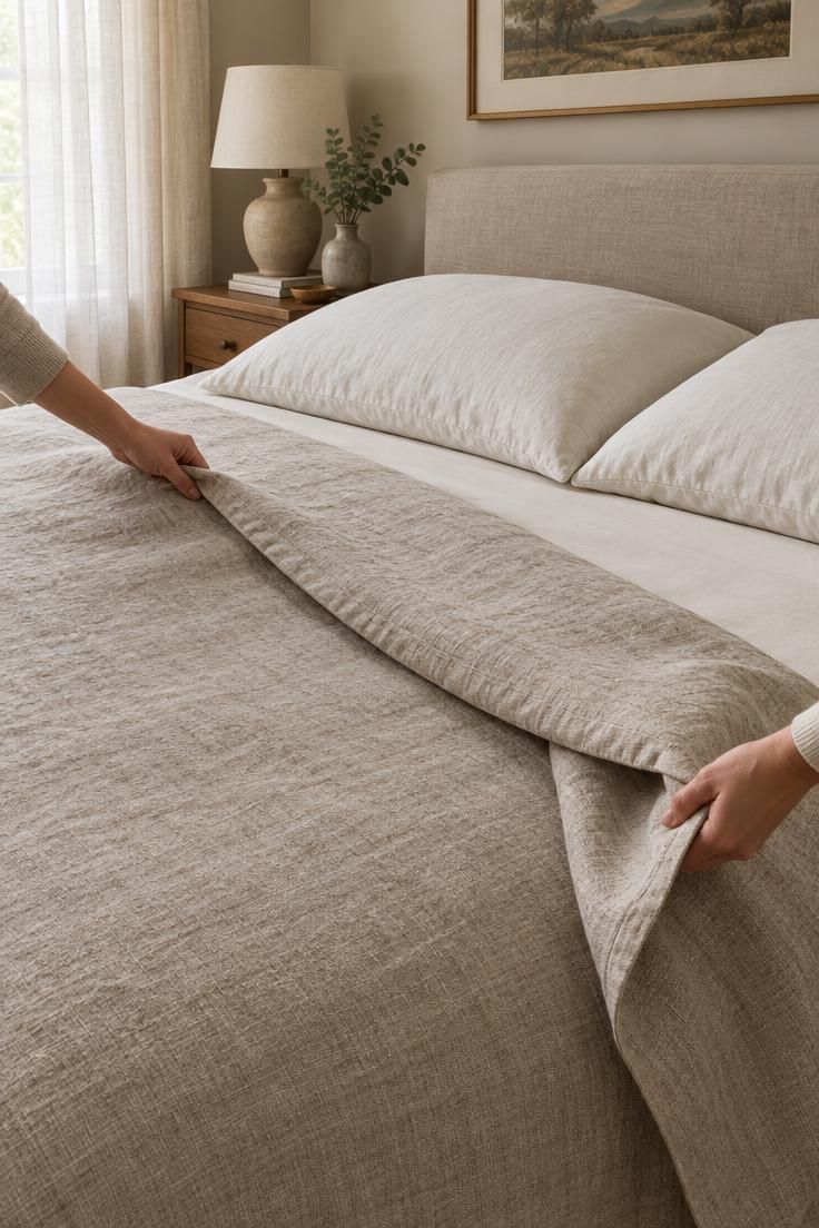 Close-up of hands folding a coverlet down over two flat standard pillows, showing the subtraction bed-making step with smooth fabric and a small pillow gap.