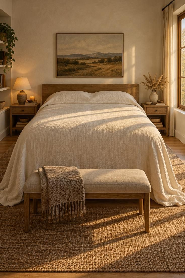 Wide view of a bed with an ivory coverlet wrapped over two flat pillows and fabric pooling at the base, warm afternoon light across the bed.