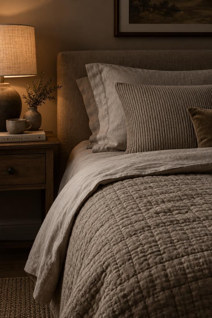 Medium shot of a quilted coverlet, folded linen sheet, and ribbed pillowcase in warm taupe tones under soft lamplight.