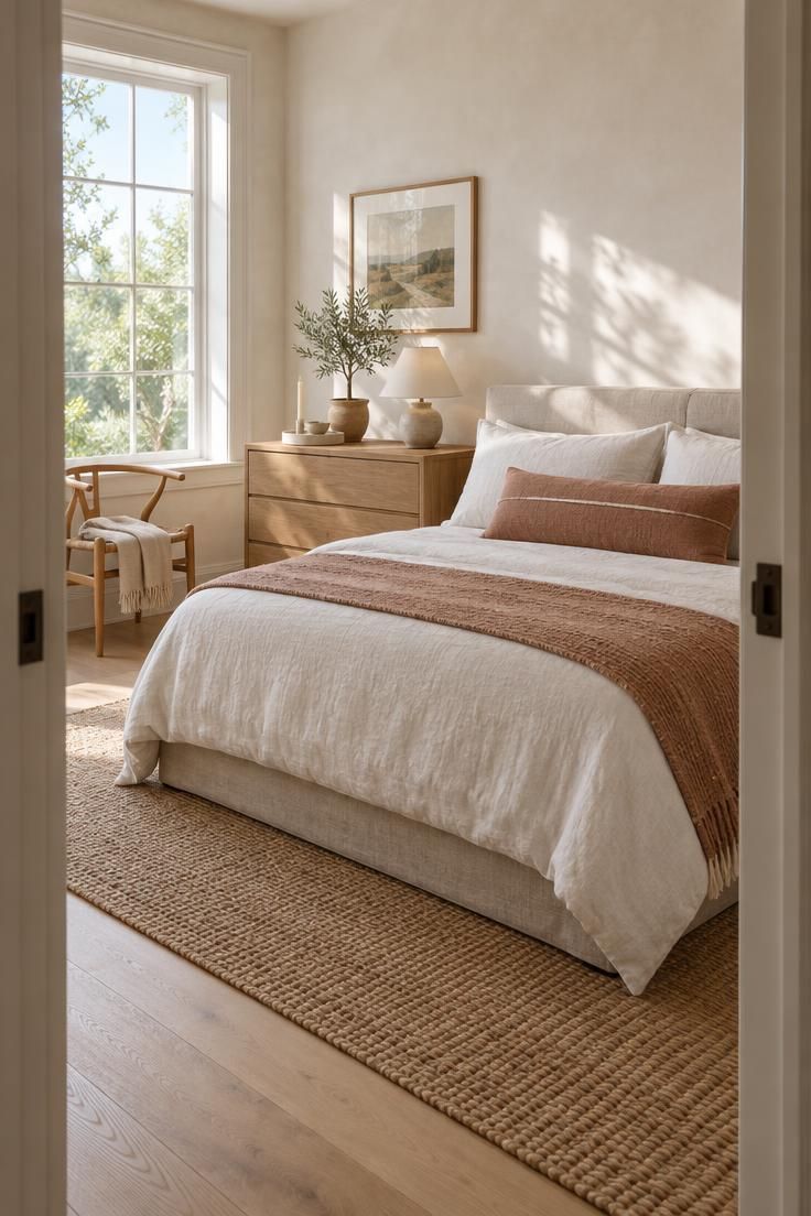 Doorway view of a bright bedroom with two flat pillows and one long clay-toned lumbar pillow across the bed.