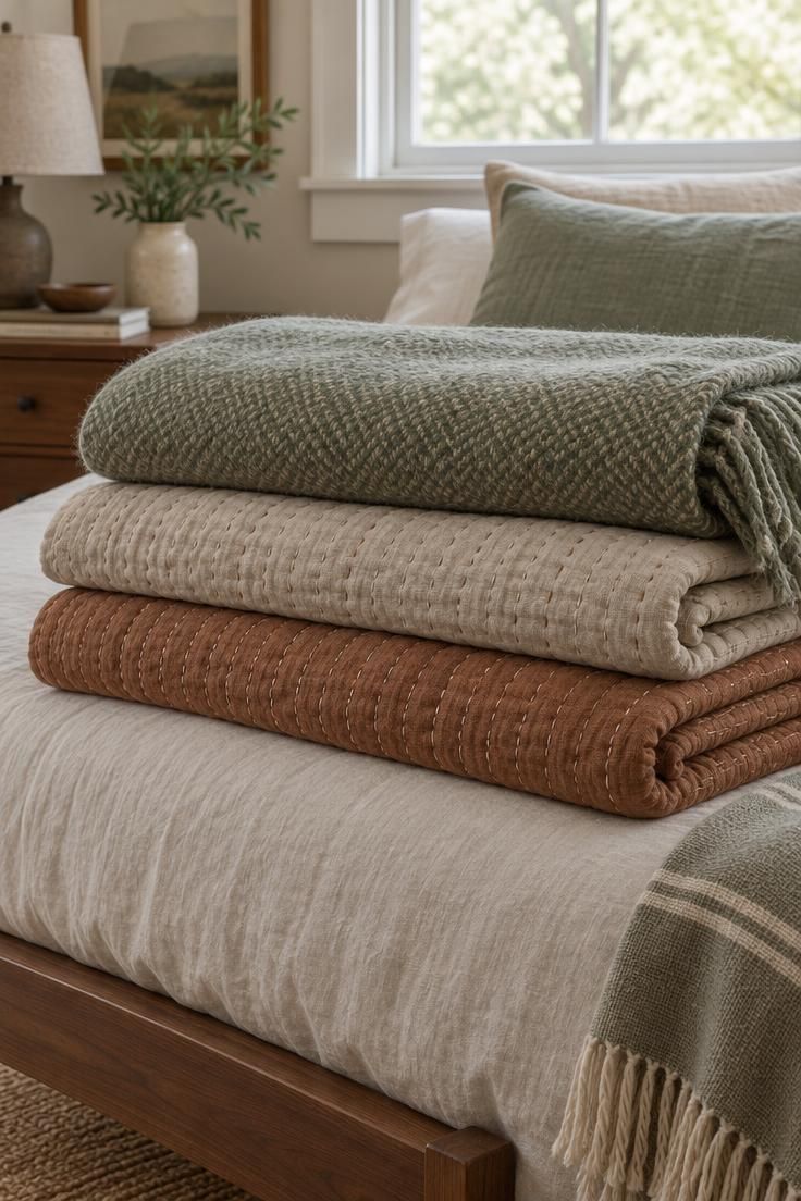 Close-up of folded sage, oat, and clay quilts and blankets at the foot of a bed with visible stitching texture.